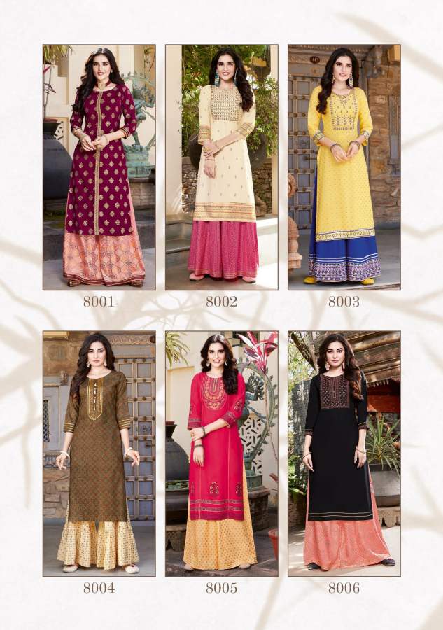 Fashion Label 8 Fancy Ethnic Wear Rayon Embroidery Work Kurti With Bottom Collection